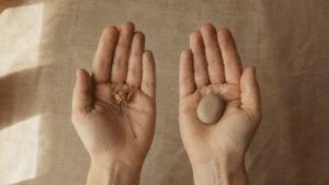 布を背に、何かをのせて差し出された両手