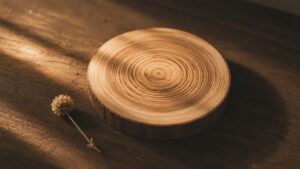 木のテーブルに置かれた年輪の見える木の輪切り