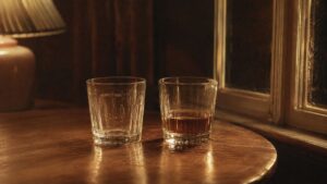 窓辺の丸テーブルに置かれた二つのグラス