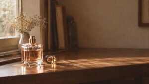 窓辺に置かれたふたの開いた香水瓶