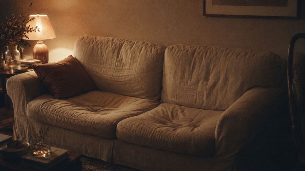 ランプの灯る部屋に置かれたソファ