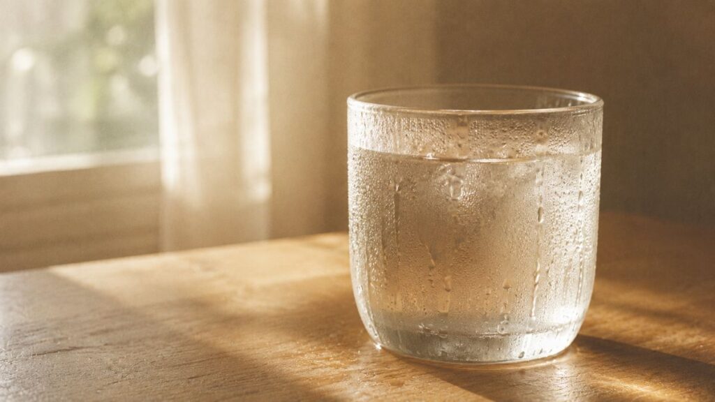 木の机に置かれた水滴のついたグラス