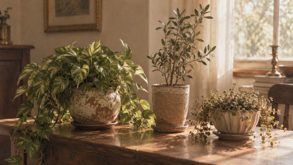 窓辺の棚に並べられた観葉植物