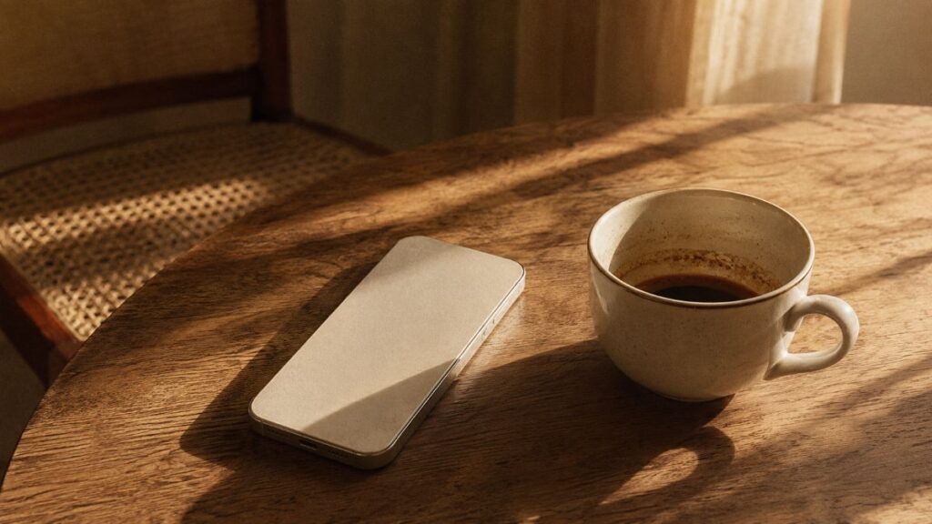 窓辺の机に置かれたスマートフォンとコーヒーカップ