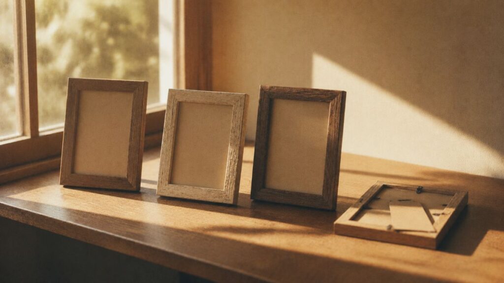 棚に並べて置かれた三つの写真立て