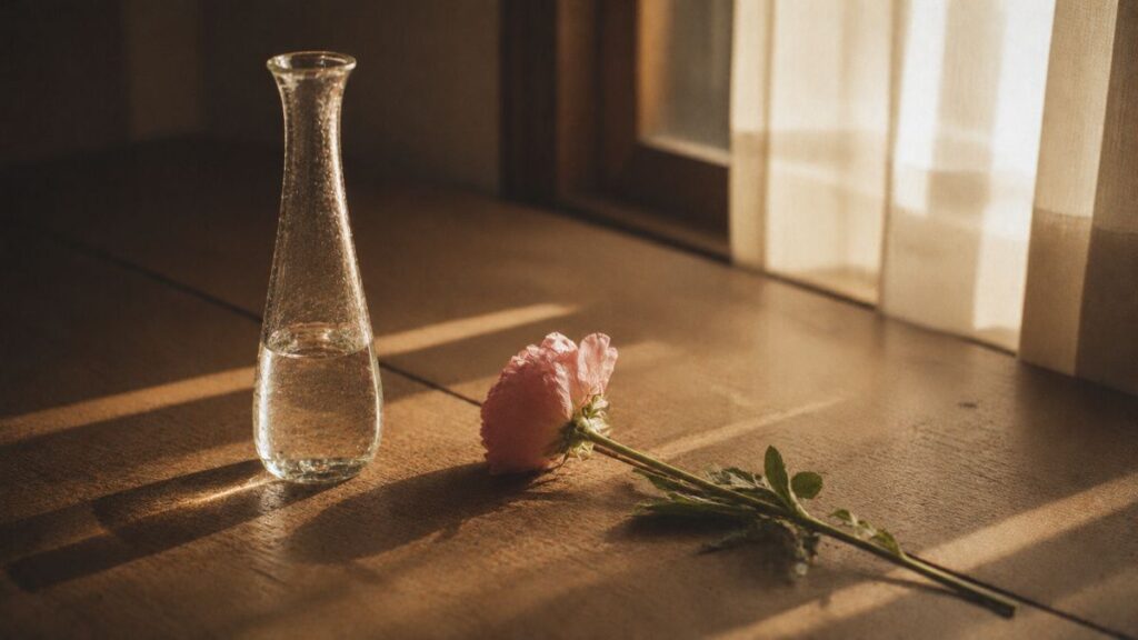 窓辺のガラスの一輪挿しと、その脇に横たわる一輪のバラ