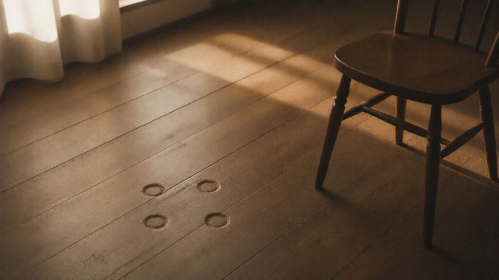 床に残る椅子の脚あとと差し込む光
