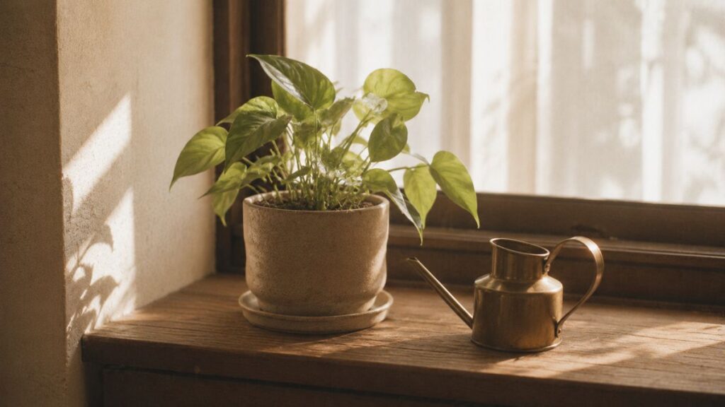 窓辺に置かれた鉢植えと真鍮のじょうろ